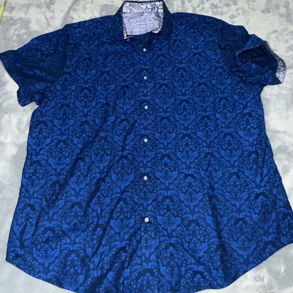Robert Graham Mens 2XL Navy Blue Damask Print Short Sleeve Shirt Classic